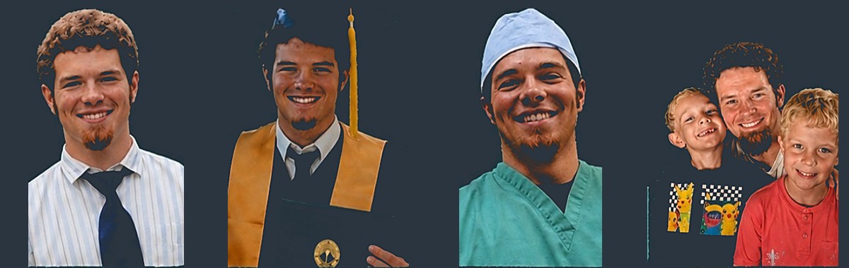 Four photographs of Drew: today in a shirt and tie, graduating in cap and gown, in scrubs at the rehabilitation clinic where he works, and with his two young sons