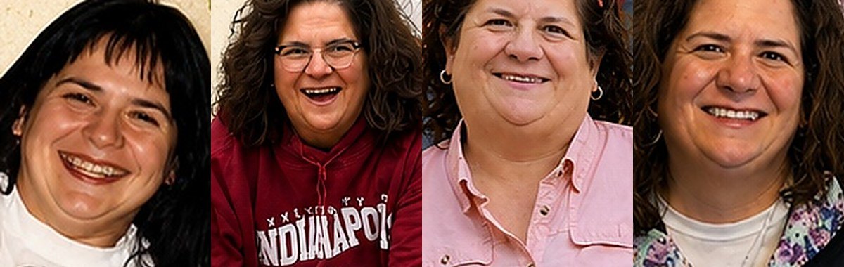 Four photographs of Maria, smiling, from different points in her life